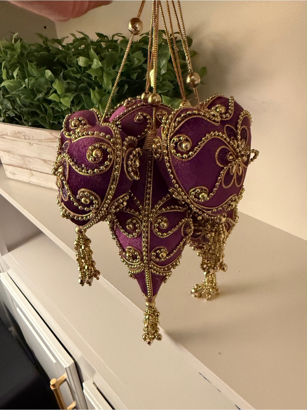 Jeweled Purple/Gold Velvet Beaded Christmas Ornaments Tassel Victorian Holiday